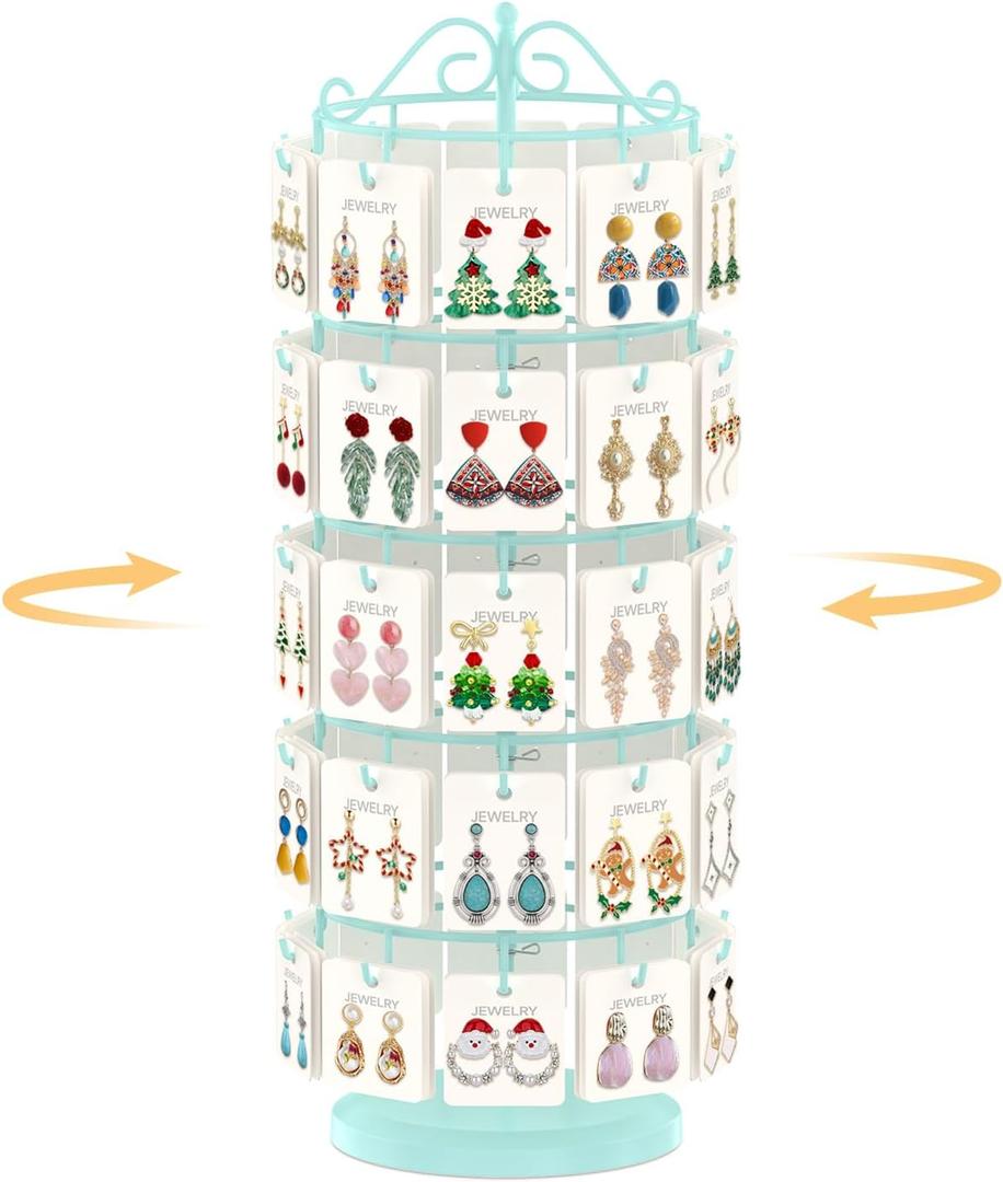 EsLuker.ly Earring Holder Organizer Rotating Display Tree Stand, Adjustable Height Earring Card Hanger Rack with 50 Hooks for Vendors Market Selling, 5 Tier Metal Jewelry Storage Tower,Blue