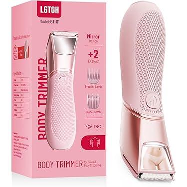 LGTGH Bikini Trimmer for Women: Electric Shaver with Ceramic Blades & Travel Lock，Pubic Hair Razor with Mirror & LED Light - Body Groomer IPX7 Waterproof Use for Legs/Arm/Underarm