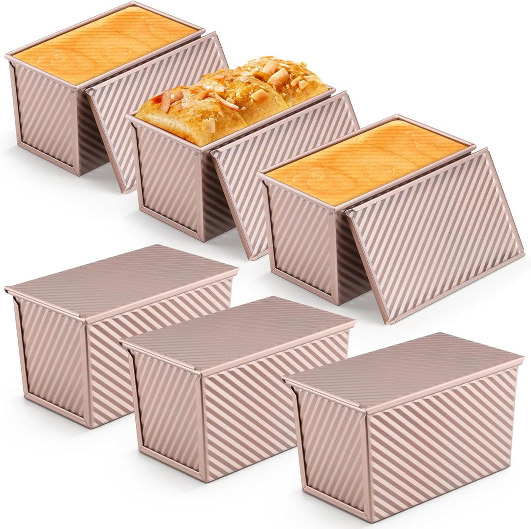 LIANYU 6 Pack Pullman Loaf Pan with Lid Set, Pullman Sourdough Bread Baking Pans, 1 Pound Small Carbon Steel Toast Box, Nonstick Bakeware for Homemade Sandwich, Rose Gold