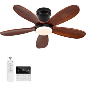 36 Inch Flush Mount Ceiling Fans with Lights and Remote, Dimmable, Wall Switch, 5 Blades Wood Ceiling Fan with Light, Low Profile Outdoor Indoor Modern Ceiling Fan for Bedroom Patio (Black Walnut)