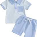 Toddler Baby Boy Summer Clothes Plaid Lapel Short Sleeve T-Shirt Top Shorts Sets Infant Outfit 6 12 18 24 Months (Blue)