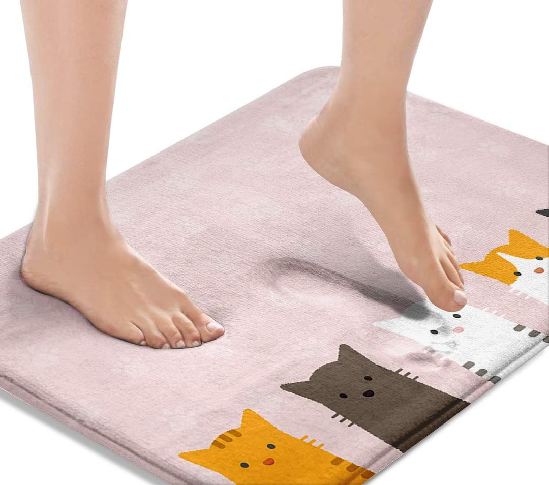 Britimes Pink Bath Mat,Lovely Colorful Cat Portrait Bathroom Rugs No Silp,Cartoon Cute Cat's Paws Background Washable Cover Floor Rug Carpets Floor Mat 16x24 Inches for Kitchen Bedroom