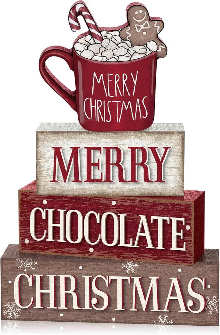 Yousoontic 4 Pcs Hot Cocoa Bar Christmas Wooden Table Decorations Gingerbread Rustic Block Signs Centerpiece Tiered Tray Xmas Wood Farmhouse Tabletop Decor Gift for Kitchen Entryway Home Desk