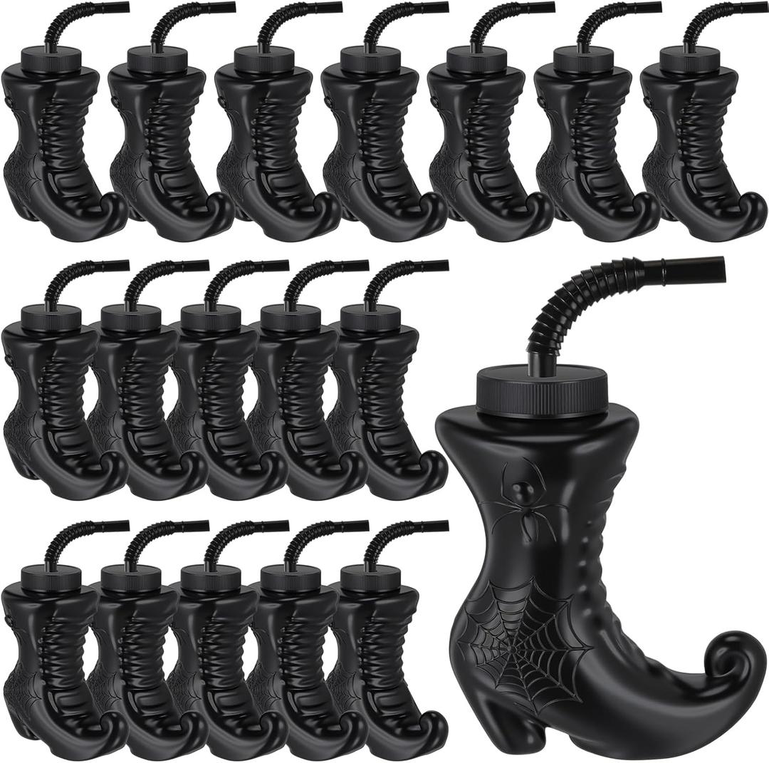 Hoolerry 24 Pack Halloween Witch Shoes Cup with Straw and Lids Witch Party Favors 10 oz Reusable Plastic Black Boots Cups for Birthday Halloween Themed Party Supplies Decoration Gifts