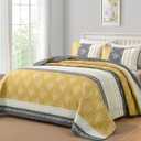 DJY Yellow Boho Quilt Set King Size, Striped Floral Yellow and Grey Bedspread Coverlet, 3 Pieces Patchwork Stripe Quilt Bedding Set Soft Microfiber Reversible Bedspread for All Season (110"x90")