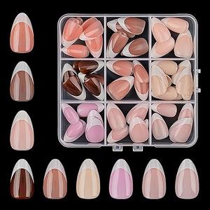 108pcs Almond Press on Nails 9 Color Short Fake Nails Full Cover French Tip Press ones False Nails with designs Acrylic Nails Reusable Stick on Nails for Women Worker Day Manicure Kit