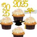 2025 Glittery Graduation Cupcake Toppers (48 Pieces) Gold and Black Class of 2025 Graduation Cap Diploma Cupcake Toppers for Graduation Party, 2025 Grad Congrats Graduation Dessert Decoration Picks
