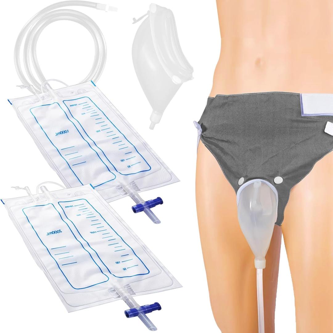 Wearable Urine Collector for Men with Breathable Fixed Pants and Flexible 1.2M Tubing, External Catheter for Men with Leak Resistant Anti Reflux Design 1000ml 2000ml Urine Bags Elderly Men Grey