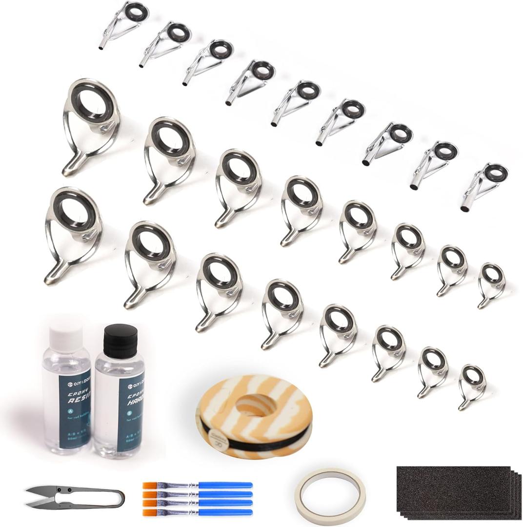 OJY&DOIIIY Fishing Rod Repair Kit, All-in-One Supplies for Fishing Pole Eyelets Replacement with Rod Guides,Epoxy Glue,Wrapping Thread and Tape (Casting+Tips)