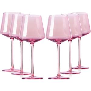 Pink Wine Glasses Set Of 6 - Crystal Colorful Wine Glasses With Long Stem and Thin Rim,Modern Colored Wine Stemware for Wedding,Birthday,Anniversary18oz(Pink)