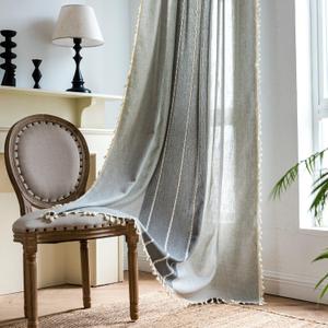 Sutuo Home Boho Curtains for Bedroom Dining Room, Semi Blackout Linen Farmhouse Shabby Chic Tassels Window Treatment Bohemian Embroidery Drape, Rod Pocket 1 Panel 52" W x 84" L, Gray Linen