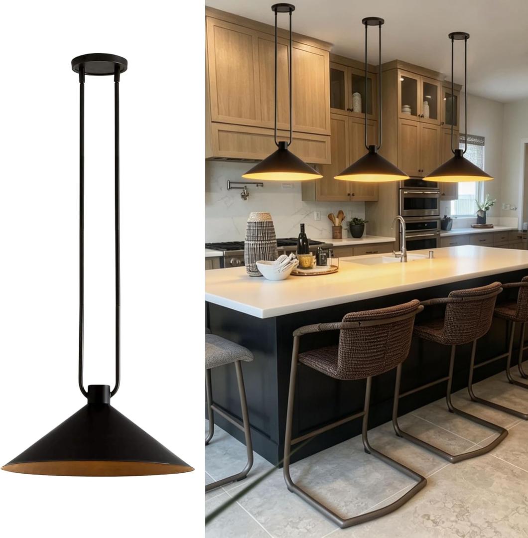 16" Modern Pendant Light Kitchen Island, Industrial Cone Hanging Lamp with Black Metal Shade & Brass Inner Finish, Farmhouse Pendant Light Fixture for Dining Room, Bedroom, Living Room (Black-1 Pack)