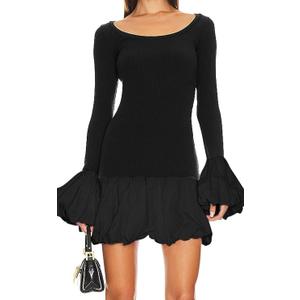 Women's 2024 Fall Dress Sexy Crew Neck Puffy Long Sleeve Bubble Party Club Bodycon Mini Dresses L