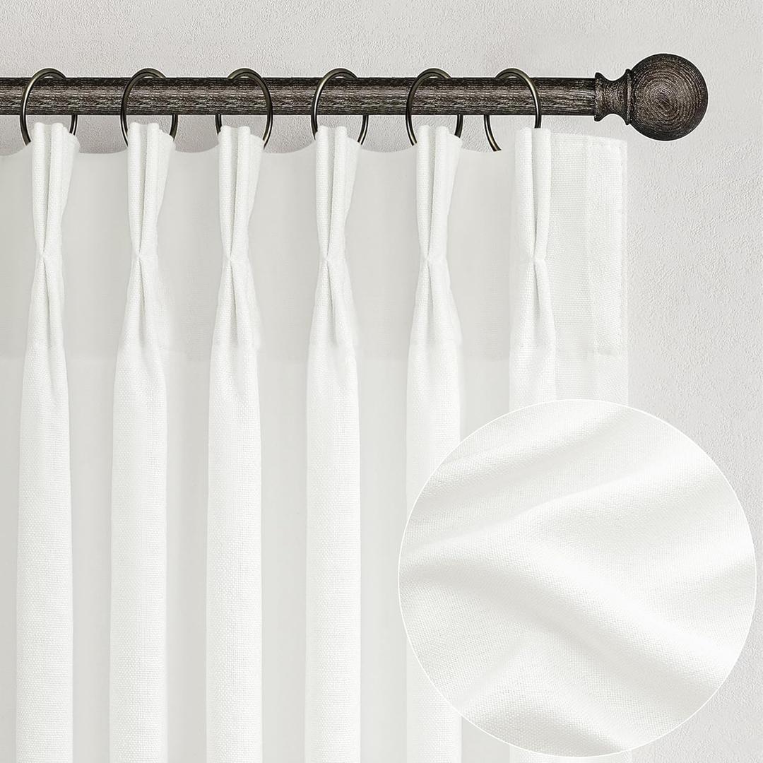 PleatedDrapes Light Filtering Pure White Curtains 84 Inches Long for Living Room, Modern Linen Blend Textured Sheer Memory Shape Trained Pleat Curtain Back Tab for Bedroom 2 Panel Set Window Drape 7FT