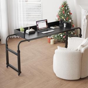 Overbed Table with 360 Wheels, Queen Size Mobile Bed Desk, Recliner Table Over Bed Table Adjustable Height and Length Overbed Table with Heavy Duty Metal Leg for Hospital and Home use (Black)