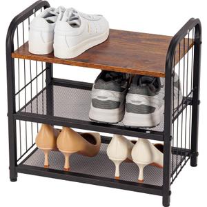 3-Tier Shoe Rack with Guardrails, Heavy-Duty Metal Mesh Shelves & Rustic Wooden Top - Space-Saving Organizer for Closet, Entryway, and Hallway (Holds 1-2 Pairs/Shelf) (Rustic Brown + Black)