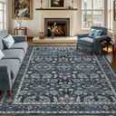 8x10 Vintage Washable Area Rug for Living Room,Low Pile Non Slip Carpet Non-Shedding Large Area Rug Soft Indoor Stain Resistant Rug Floral Print Mat for Bedroom Dining Room Blue
