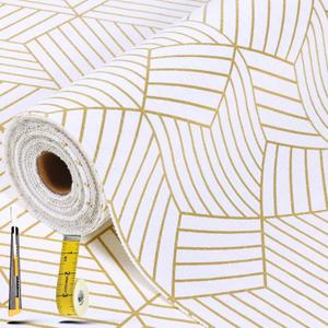 Shelf Liners for Kitchen Cabinets 12in x 20FT, Non Adhesive Cabinet Liner Strong Non-Slip Thickened Gold Geometric Drawer Liner, Easy to Clean for Shelf, Cabinet with Knife and Tape Measure, 12"W x 236.2"L