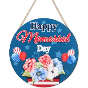 2 x LHIUEM Happy Memorial Day Door Sign 11.4x11.4“ Red Blue White America Patriotic Hanging Plaque Rustic America Independence Day Wooden Sign for Porch Home Outdoor Indoor Decoration