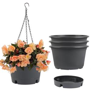 10 inch Hanging Planters, 4 Pack Hanging Baskets for Plants with Removable Trays & 15.7" Chain, Round Plastic Hanging Flower Pots for Home Garden Porch Balcony Patio Decor (Grey)