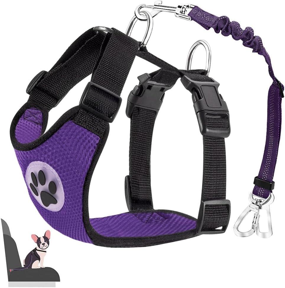 Lukovee Dog Seat Belt for Car, Adjustable Dog Car Harness for Large Medium Small Dogs, Soft Padded & Breathable Mesh Dog Seatbelt with Car Strap and Carabiner (Purple,S)