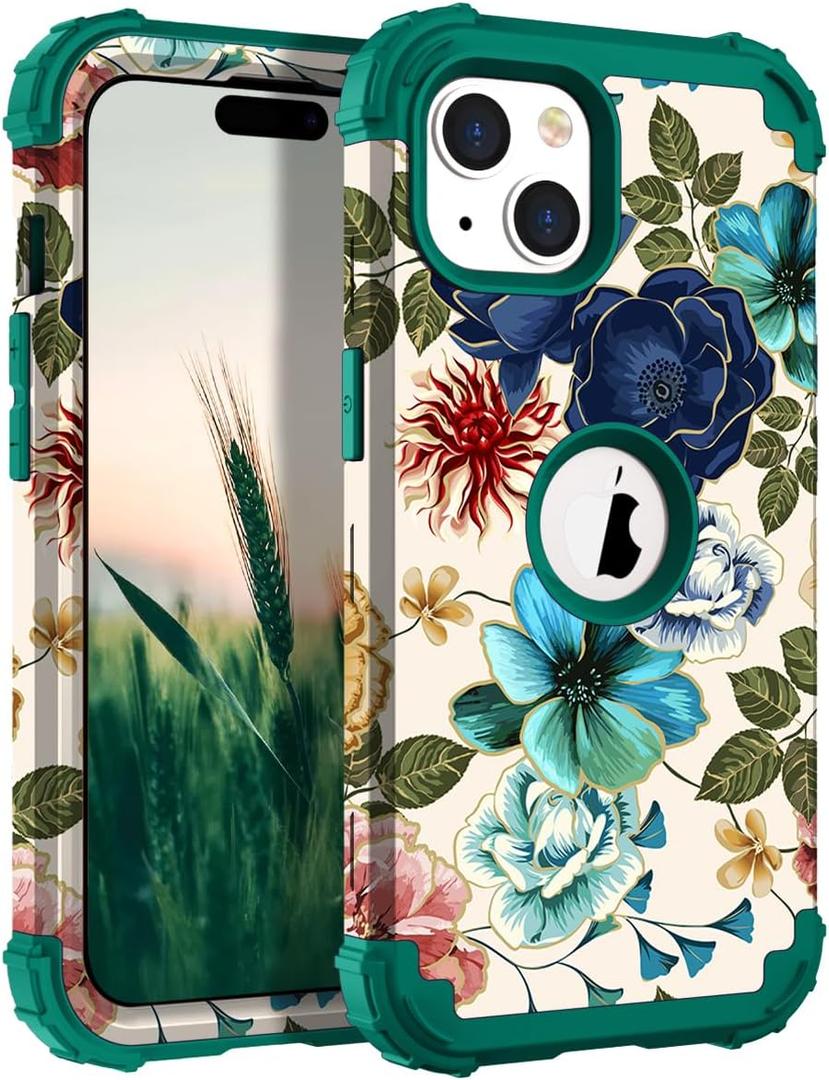 Hocase for iPhone 15 Case, Heavy Duty Shockproof Protection Soft Silicone Rubber Bumper+Hard Plastic Hybrid Protective Case for iPhone 15 (6.1" Display) 2023 - Teal Flowers