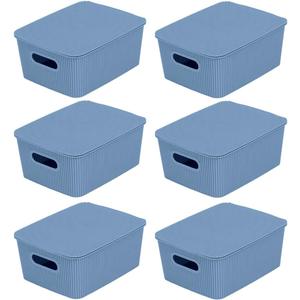 Glad Storage Baskets with Lids - Set of 6 Stackable Plastic Boxes with Handles - Decorative Shelf Organizer Bins for Bathroom and Closet, Blue, 1 Gallon