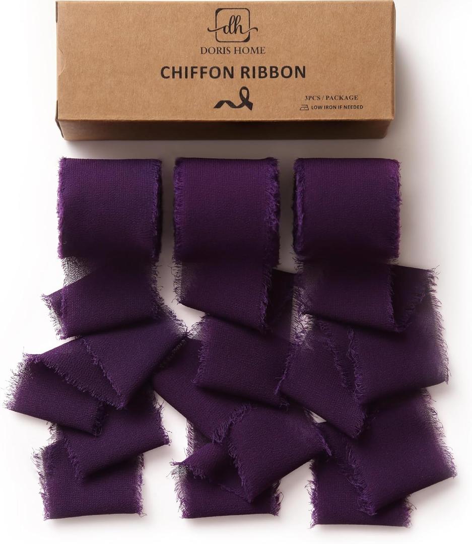 DORIS HOME Plum Chiffon Ribbon for Flower Bouquet, 1.5" x21Yd Fabric Ribbon for Gift Wrapping, Handmade Frayed Ribbon for Wedding Christmas Decorations