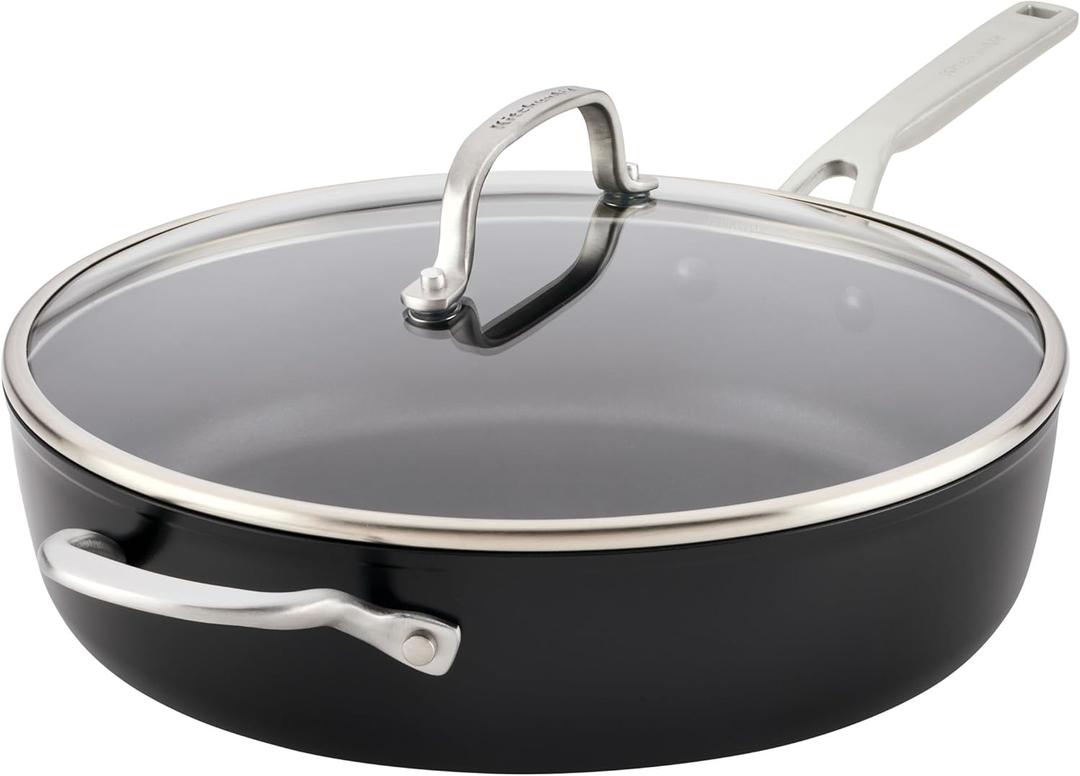 KitchenAid Hard Anodized Induction Nonstick Cookware Saute Pan/Jumbo Cooker with Lid and Helper Handle, Dishwasher Safe, 5 Quart Non Stick Sauteuse with Stainless Steel Handles - Matte Black