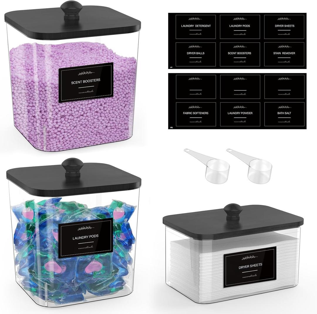 2+1 Pack Clear Laundry Pods Container & Dryer Sheet Holder, Plastic Square Laundry Room Organization and Storage Jars with Black Lids, Scoops & Labels for Detergent, Powder, Dryer Balls