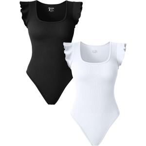 OQQ Women 2 Piece Bodysuits Sexy Ribbed Square Neck Ruffles Sleeve Stretch Fit Basic Tank Tops Bodysuits Black White (Medium)