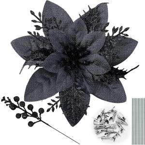 65pcs Black Christmas Poinsettia Artificial 5.9", Glitter Berries with Stems, Clips for Christmas Tree Decoration, Wreath Ornaments for Xmas Wedding Party Decoration