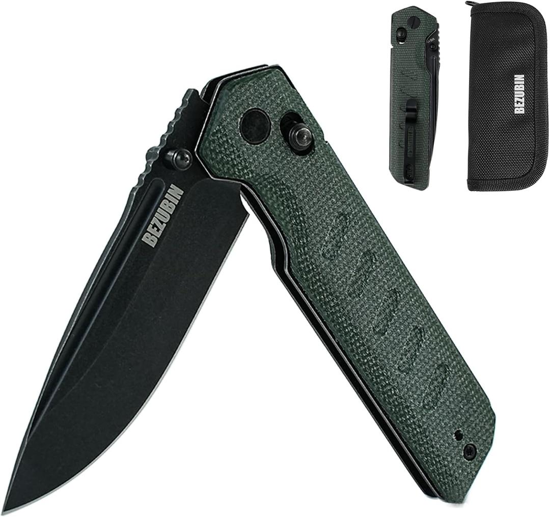 Folding Pocket Knife 3.25" VG10 Blade EDC Folding Knife with Safety Axis Lock Army Green Micarta Handle Hunting Camping Knife with Thumb Stud Opener