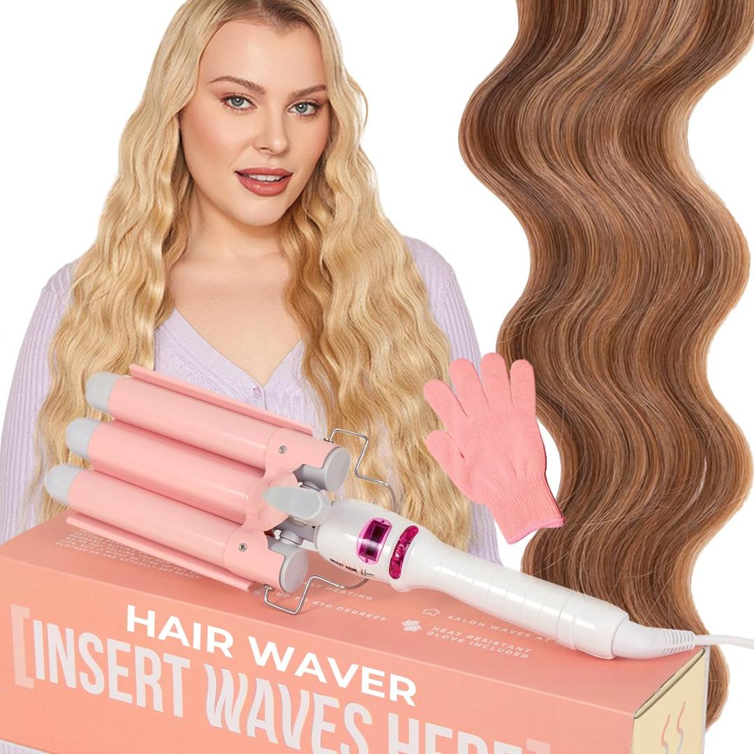 INH Hair Waver 3 Barrel | Ceramic Curling Iron for Beach Waves | Wavy Hair Curler for Fine, Thin, Thick, Long & Short Hair | Dual Voltage Deep Waver w/LED Screen & 360 Swivel Cord for Easy Styling