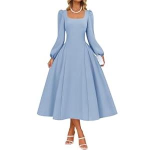 ZESICA Women's Long Sleeve Midi Dresses 2026 Fall Square Neck Swing A Line Wedding Guest Evening Prom Dress, S