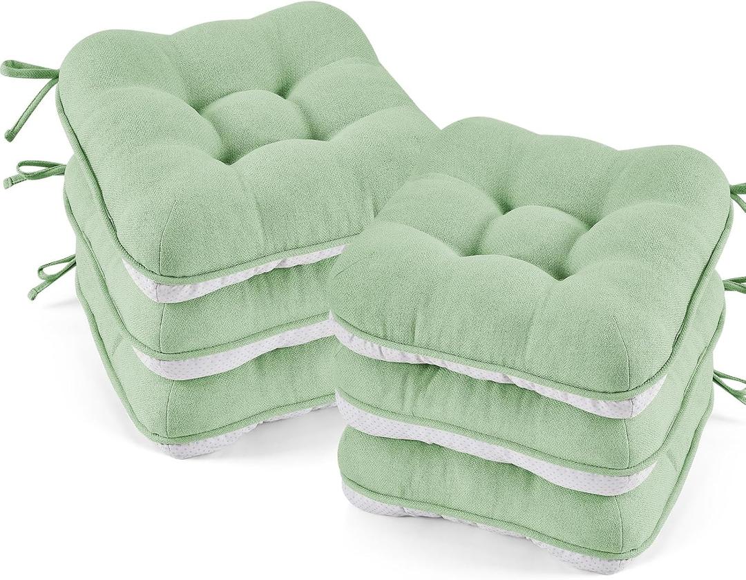 BETU Chair Cushions for Dining Chairs Set of 6,3.5" Thick Kitchen Table Chair Pads with Ties,Non Slip Backing and Covers, Home Decor Seat Cushion for Dining Room,Bar,Patio Chairs15.5"X15.5"X3.5"Green