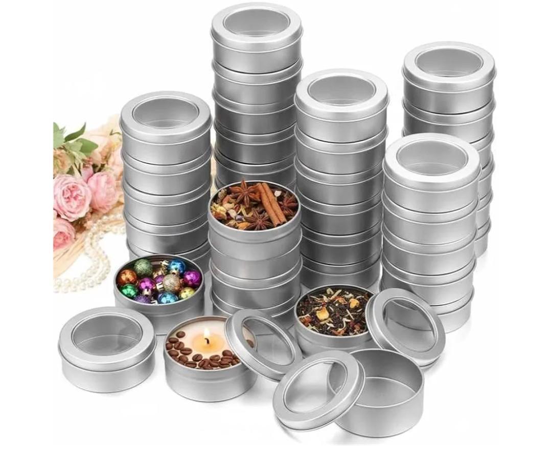 TecUnite 100 Pack 2 Ounce Metal Tin Cans Round Empty Container Salve Tins with Clear Lid for Kitchen, Office, Candles, Candies
