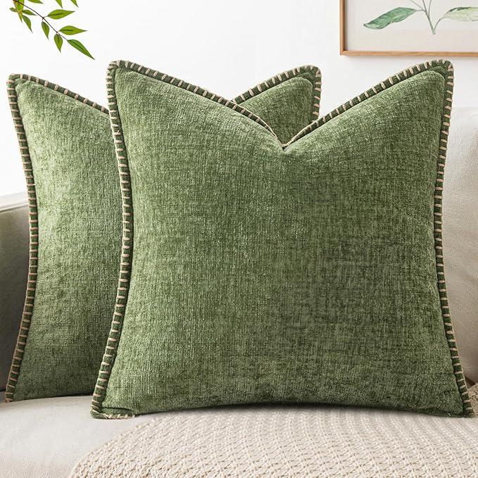 MIULEE Pack of 2 Couch Throw Pillow Covers 18x18 Inch Light Green Farmhouse Decorative Pillow Covers with Stitched Edge Soft Chenille Solid Dyed Spring Pillow Covers for Sofa Bed Living Room,  Sage Green 
