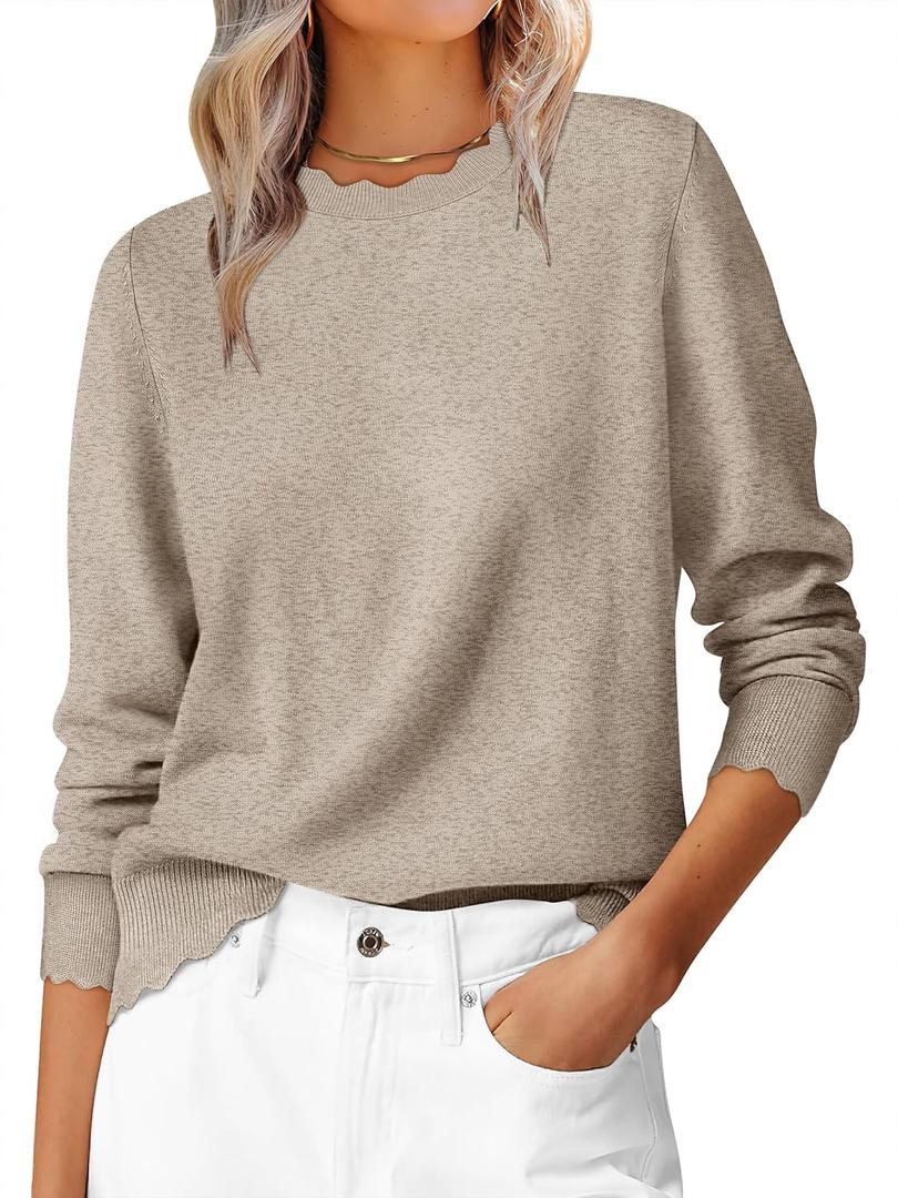 ANRABESS Sweaters for Women Loose Fit Lightweight Soft Dressy Scalloped Long Sleeve Pullover Tops 2025 Fall Casual Outfits (Large, Tan)