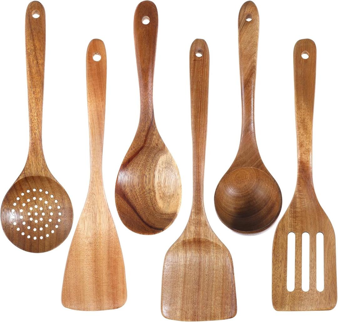 6 Pcs Acacia Wooden Spoons for Cooking, Heat Resistant Wooden Utensils Sets for Non-Stick Multifunctional Smooth Finish Wood Kitchen Spatula Set with Handle for Stir Fry, Soup, Cooking