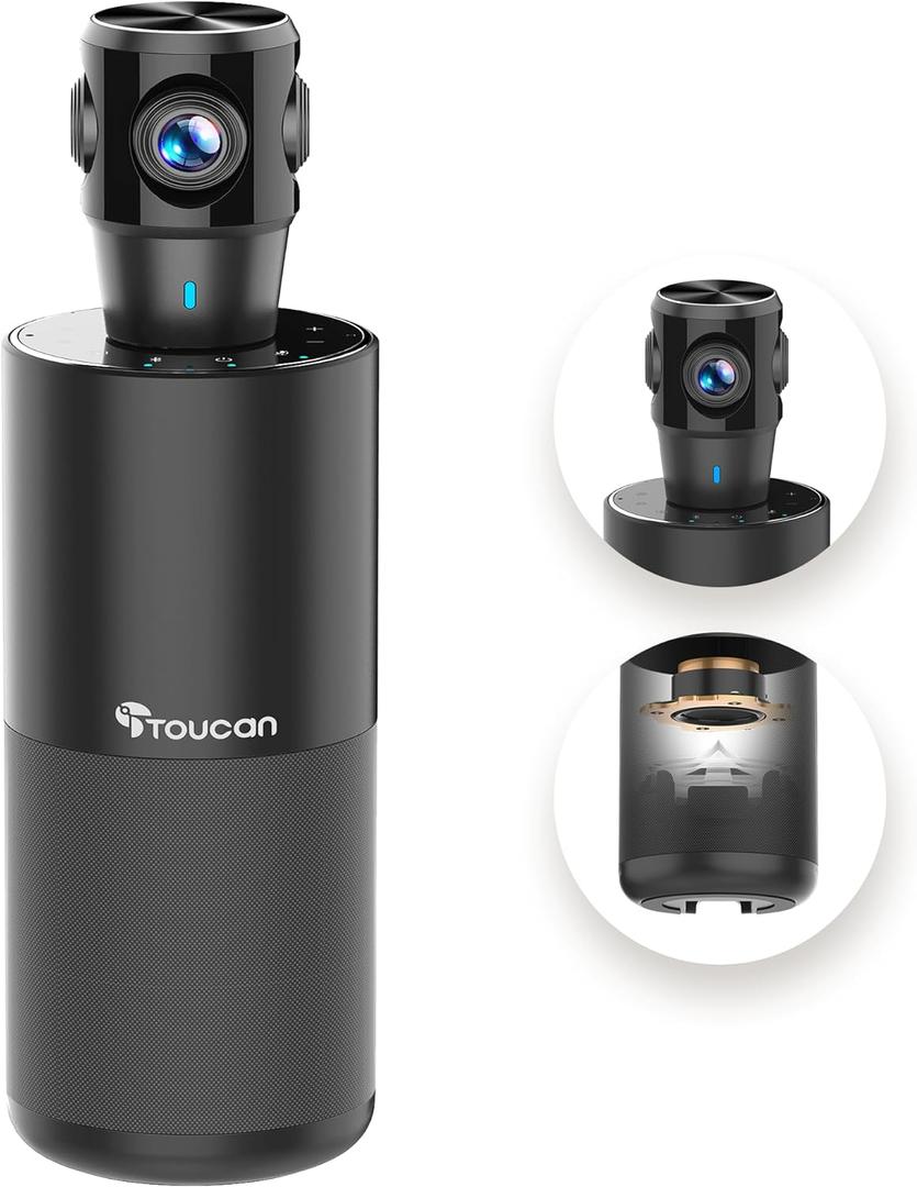 TOUCAN 360-Degree Video Conference Camera, 1080p HD Webcam with 4 Noise Reduction Mics, Speaker, AI Tracking, Works with Zoom, Google Voice, Microsoft Teams and More, for PC/Mac/Tablet