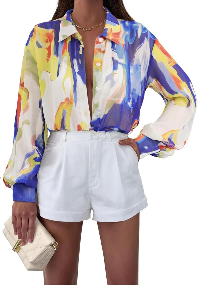 MEROKEETY Women's Summer Button Down Blouses Long Sleeve Tie Front Floral Boho Chiffon Shirt Tops (S)