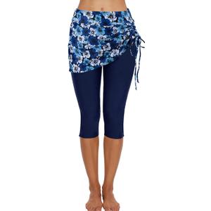 ECUPPER Womens Swim Shorts Capris Swimming Leggings Boardshorts Stretch High Waist Swimsuit Pants for Beach Surf (12-14, Blue Flower)