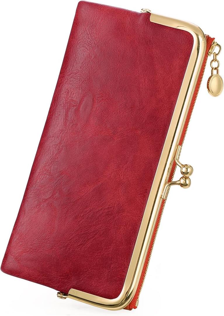 GOIACII Womens Wallet Ladies Vintage Billfold Compact Card Holder Long Zip Clutch Purse with Kiss Lock Red