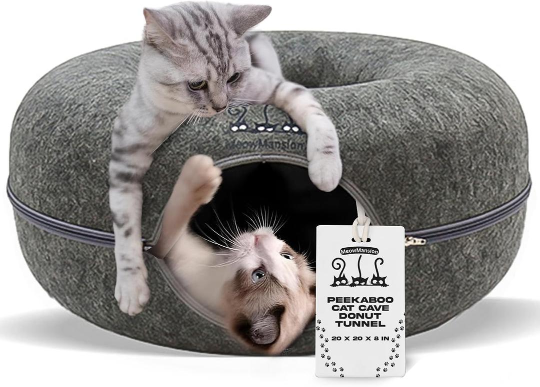MeowMansion - Indoor Cat Tunnel Bed - Scratch Resistant Peekaboo Cave Donut Shape - Multifunctional Playground, Caves, Toys (Grey)