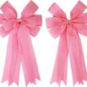 2 Pcs 20 x 10 Inch Large Pink Burlap Bows Easter Wreaths Bow for Gift Wrapping Spring Tree Topper Front Door Home Decorations (Pink)