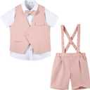 LOLANTA Short Suit for Boys Summer Wedding Ring Bearer Outfit Graduation 6 Pieces Shirt Vest Shorts Set (Pink)