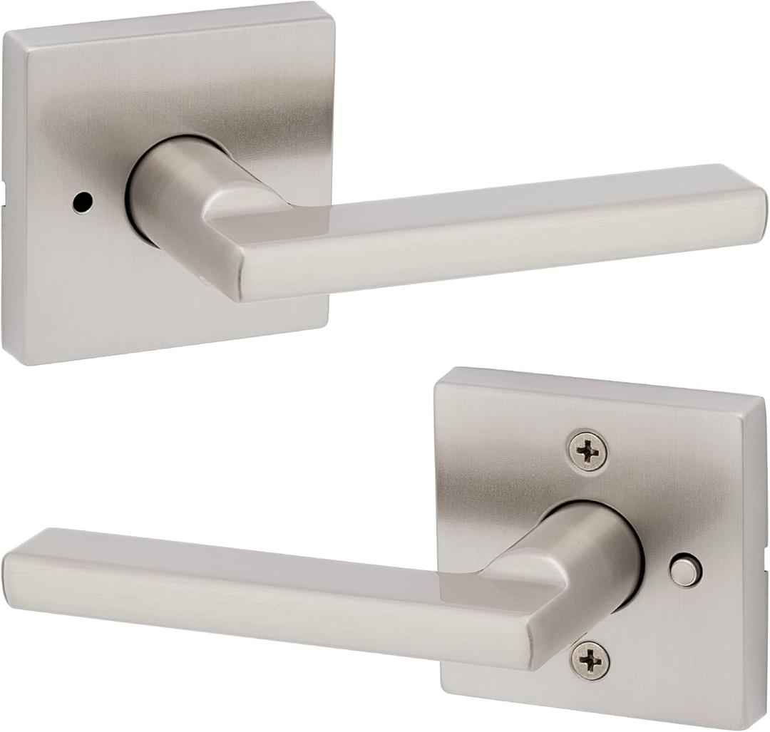 Kwikset Halifax Interior Privacy Door Handle with Lock, Door Lever For Bathroom and Bedroom, Satin Nickel Reversible Keyless Push Button Lock Door Lever, with Microban Protection (Square)