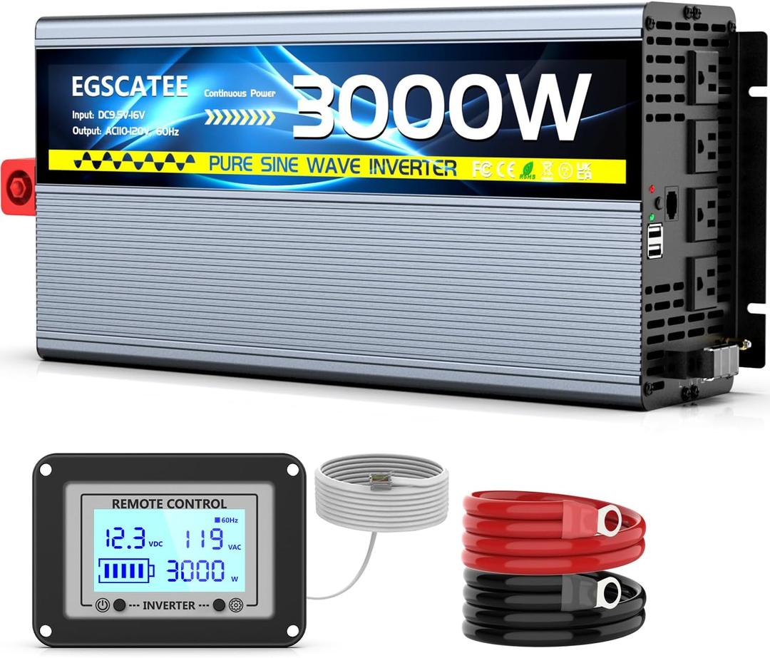 12V 3000W Pure Sine Wave Inverter 12V DC to 110V/120V AC Converter with 4AC Outlets, 5V/3.4A USB, Remote Control with on-Screen Display, Off-Grid Solar Power Inverter for Truck, Home, Vehicles, RV