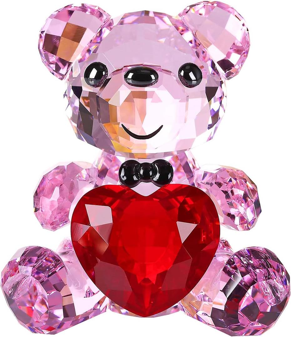 DOJOZ Crystal Teddy Bear Sweet Gifts Figurine Red Heart Lovely Animal Collectible Ornament Birthday (Pink)